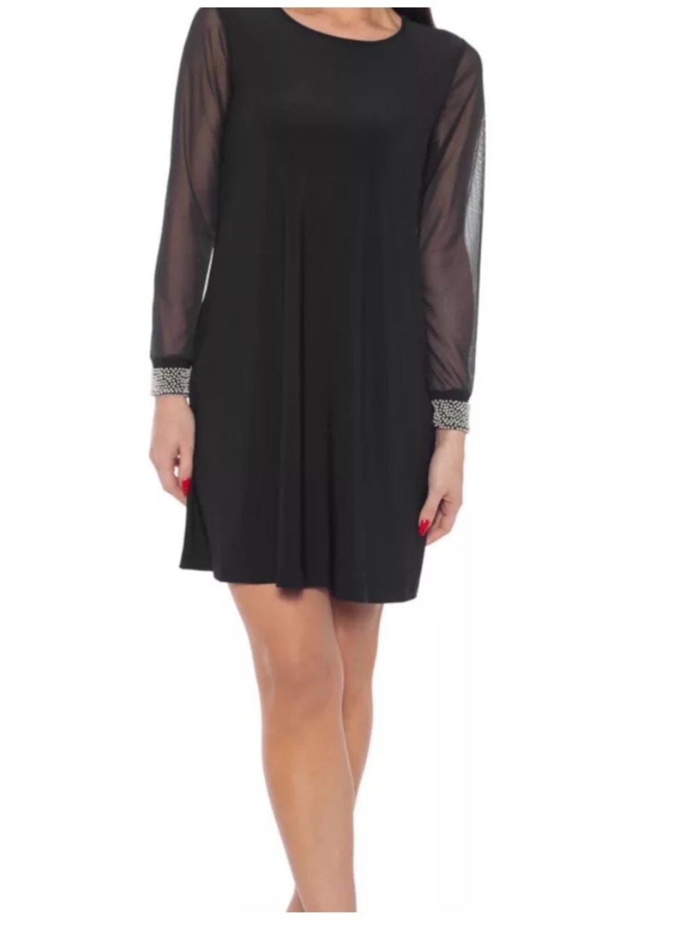 Nicole Miller Black Mini Dress with Sheer Sleeves and Beaded Cuffs